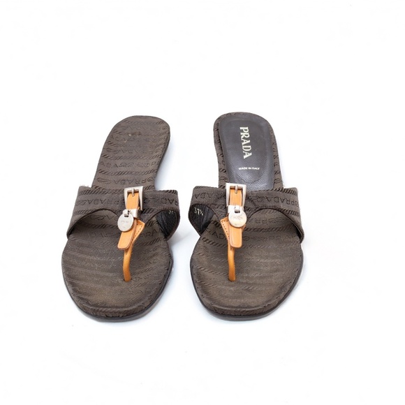 Prada Brown Kitten Heel Logo Monogram Sandals – Size EU 37.5 / UK 4.5 / US 7.5 - Picture 3 of 8